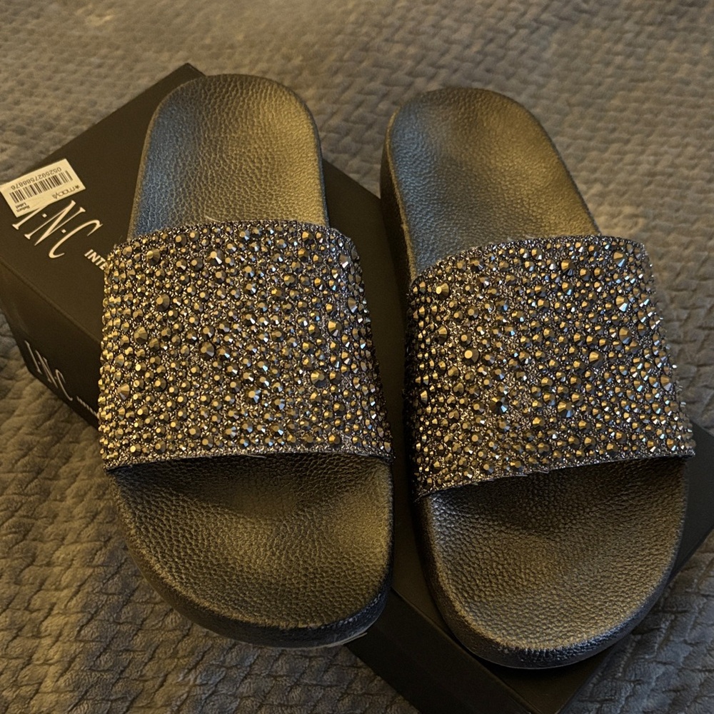 INC International Concepts Black and Gold Embellished Sandals